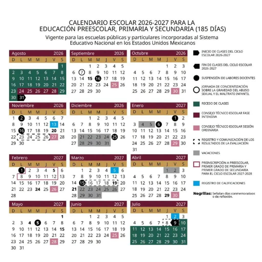 Calendario Escolar SEP 2026-2027 para preescolar, primaria y secundaria en México con fechas de inicio y fin de clases, vacaciones, días festivos, Consejos Técnicos Escolares y registro de calificaciones.